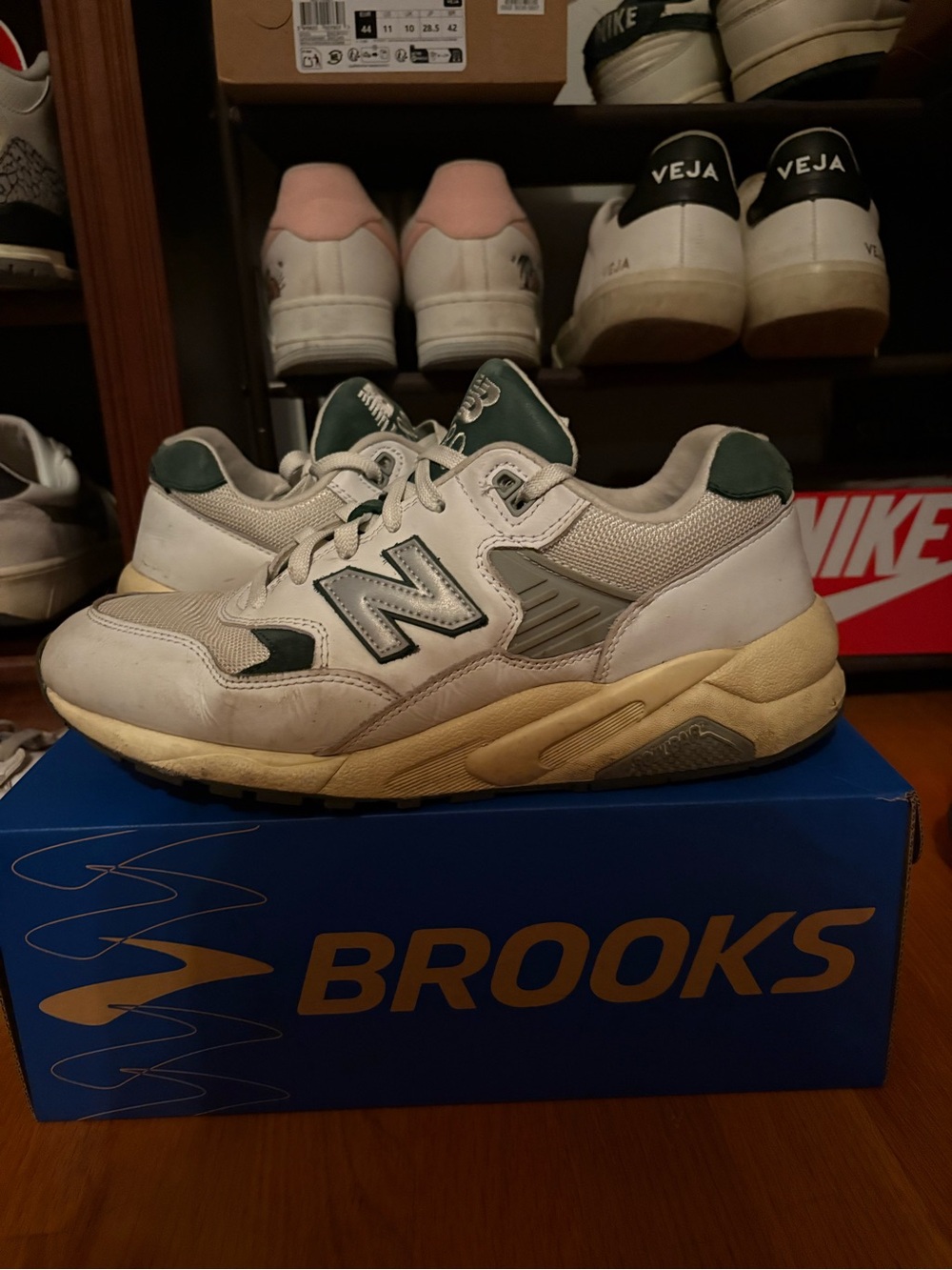 New Balance White and Dark Green Retro Runner Sneakers